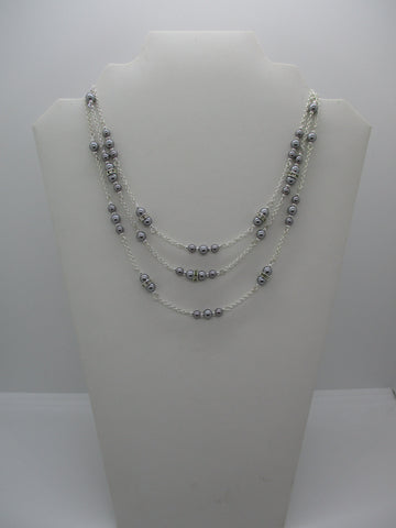 Silver Chain Three Row Gray Pearls Choker Necklace (N1344)