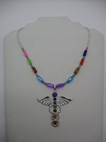 Multi Color Glass Beads Silver Metal Beads Multi Color Medical Symbol Pendant Necklace (N1364)
