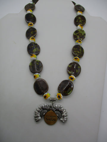 Brown Speckled and Sunflower Ceramic Beads Sunflower Pendant Necklace (N1367)