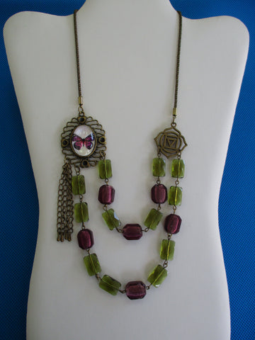 Bronze Chain Double Row Green Purple Glass Beads Butterfly Pendant Necklace (N1387)
