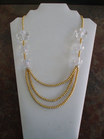 Gold Three Row Glass Beads Clear Acrylic Round and Flower Beads Necklace (N1392)