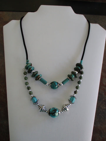 Turquoise Glass Beads Silver Beads Black Velvet Cord over wire Double Row Necklace (N1393)