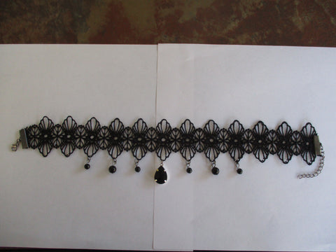 Black Lace Black Glass Beads Tear Drop Pendant Dark Gray Closure Choker Necklace (N1397)