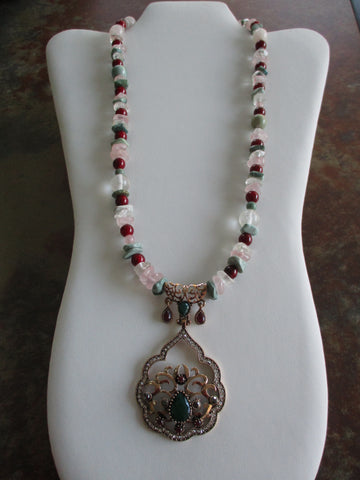 Red Green Pinc Glass Beads Rock Chips Bronze Pendant Necklace (N1404)