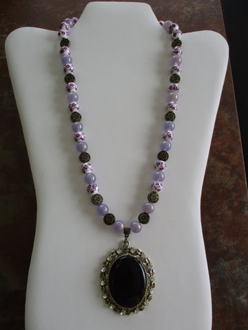 Purple Glass Beads Bronze Spacer Beads Bronze Purple Oval Pendant Necklace (N1412)