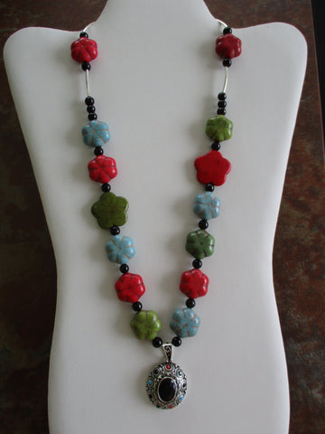 Multi Color Beads Silver Tube Spacers Silver Black Pendant Necklace (N1414)