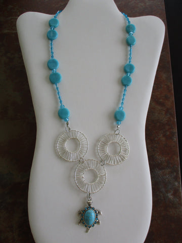 Blue Glass Beads 3 Silver Circles Turtle Pendant Necklace (N1416)