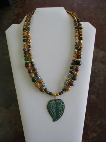 Double Row Multi Color Glass Beads Gold Beads Leaf Pendant Necklace (N1419)