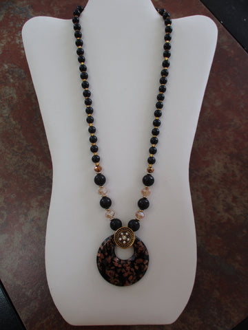 Black Glass Beads Gold Glass Seed Beads Round Pendant Necklace (N1424)