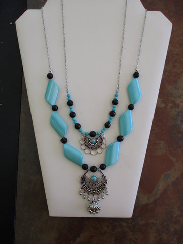 Double Row Silver Chain Blue Beads Black Glass Beads Double Pendant Necklace (N1426)