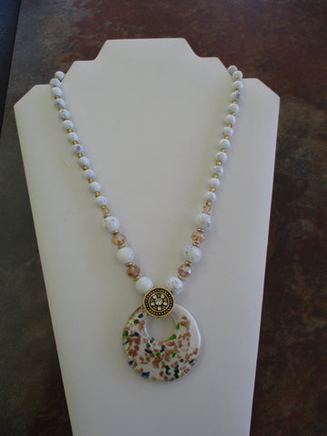 White Gold Glass Beads Round Glass Pendant Necklace (N1429)