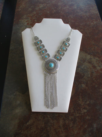 Silver Metal Chains Turquoise Necklace (N1432)