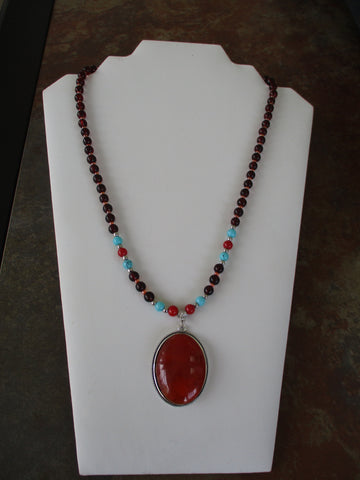 Red Blue Peach Glass Beads Silver Beads Orange Oval Pendant Necklace (N1440)