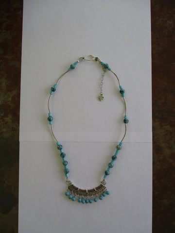 Turquoise Glass Beads Silver Spacer Tubes Silver Pendant with Hanging Beads Necklace (N1466)