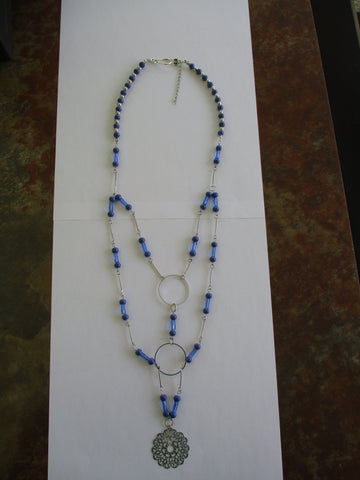 Blue Purple Glass Beads Silver Rings and Spacers Silver Pendant Necklace (N1469)