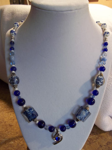 Silver/Blue White Glass Flat Square Bead Pendant Necklace (N227)