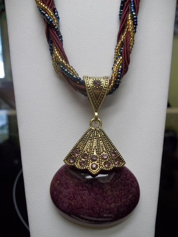 Burgundy Braided Cone w/Oval Glass Bead Necklace (N432)
