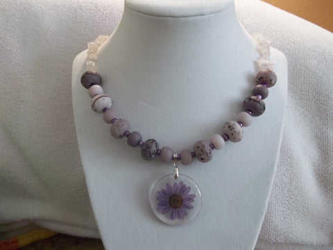 Glass Purple Mixed Bead w/Rocks Chips Purple Dried Flower Pendant Necklace (N589)