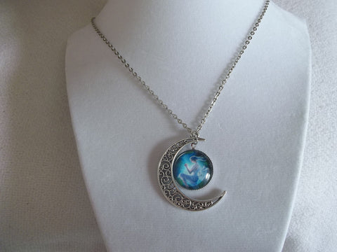 Silver Moon Praying Angel Bubble Necklace (N603)