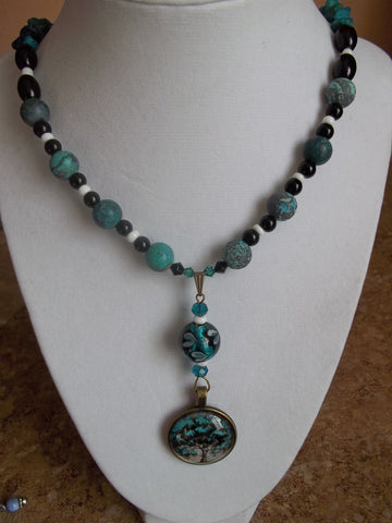 Bronze Bubble Teal White Black Glass Beads Tree Pendant Necklace (N619)