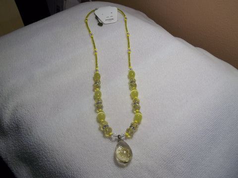 Bronze Yellow Glass Beads and Crystals Bling Yellow Dried Flower Pendant Necklace (N693)