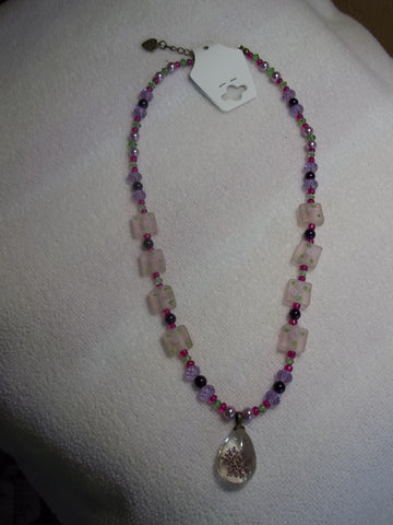 Pink Square Glass Beads Green Glass Crystals Purple Glass Beads Dried Flower Pendant Necklace (N697)