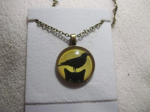 Bronze Bubble Black Cat w/Bird on Head Necklace (N705)
