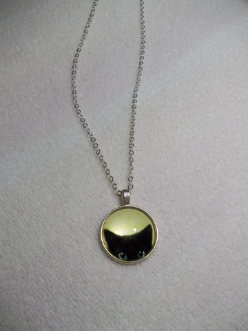 Silver Bubble Black Cat Peeking Necklace (N708)