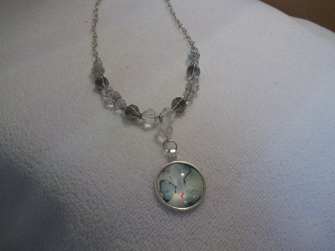 Silver Clear Glass Bead Silver Spring Bead Silver Cat with Butterfly Pendant Necklace (N721)