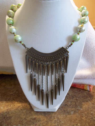 Bronze Cones Green GLass Bead Necklace (N756)