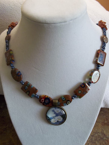 Bronze Blue Glass Bead Copper Sparkle Rock Sparkle Bead Flower Pendant Necklace (N762)