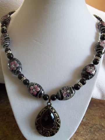 Black, Pink, Blue Flower Reversible Glass Beads, Bronze Black Pendant Necklace (N763)