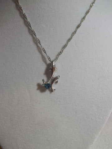 Two Silver Dolphins w/Blue Crystal Pendant Necklace (N767)