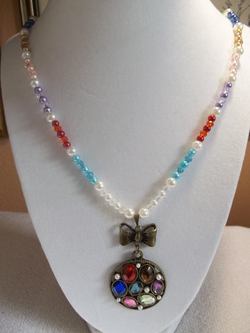 Multi Color Pearls Crystals Bronze Bow Gem Pendant Necklace (N821)