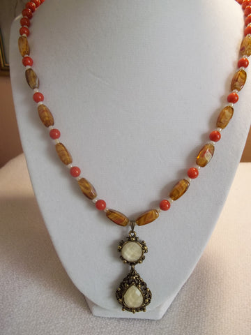 Bronze Cream Pendant Orange Cream Glass Bead Necklace (N823)