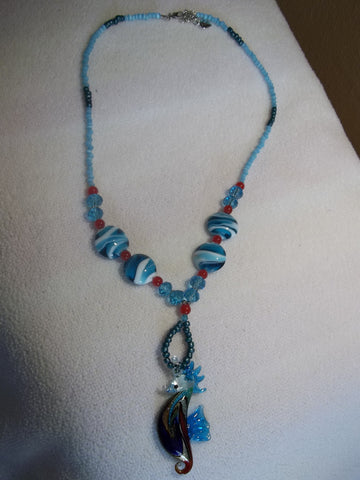 Multi Blue Glass Bead Glass Seahorse Necklace (N845)