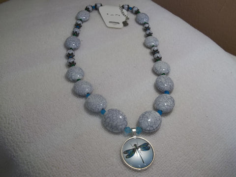 Gray Acrylic Faux Crackle Beads, Blue, Green Glass Beads Dragonfly Pendant Necklace (N932)