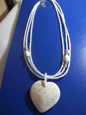 White Heart Pendant 3 Row Seed Beads Silver Beads Necklace (N966)