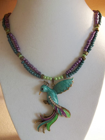 Glass Seed Beads Bronze Multi Color Young Peacock Pendant Necklace (N985)