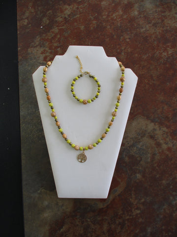 Gold Yellow Wooden Beads Gold Tree Pendant Necklace Bracelet Set (NB222)