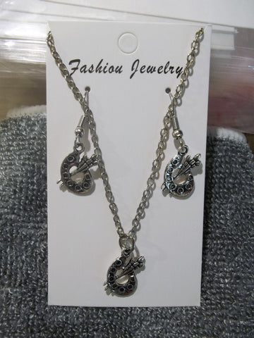 Silver Painters Palette with Brushes Necklace Earring Set (NE432)