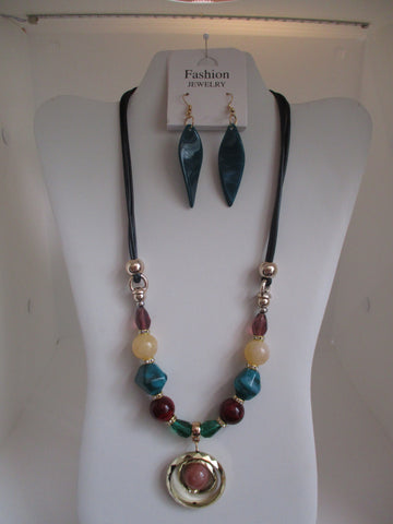 Black Cord Gold Beads Gold Rings Multi Color Beads Necklace Earrings Set (NE455)