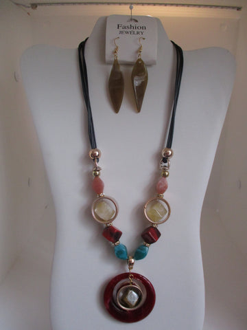 Black Cord Gold Beads Gold Rings Burgundy Multi Color Beads Necklace Earrings Set (NE456)