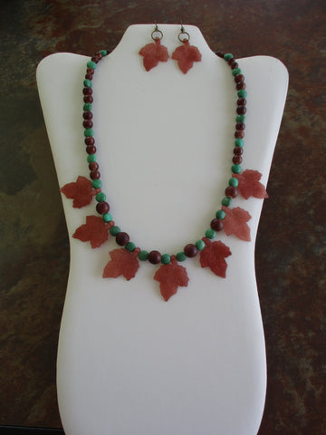 Green Brown Glass Beads Brown Pendant Leaves Necklace Earring Set (NE492)