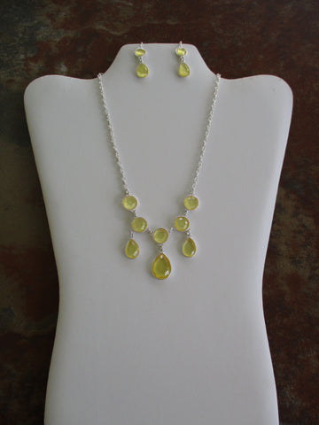 Silver Yellow Tear Drop Pendant Necklace Earring Set (NE484)