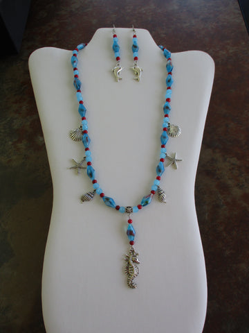 Silver Red Blue Glass Beads Silver Shells Starfish Dolphin Seahorse Pendants Necklace Earring Set (NE502)