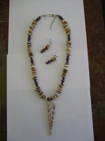 Silver Brown Puka Shells Brown Pearls Sliced Shell Pendant Necklace Earring Set (NE506)