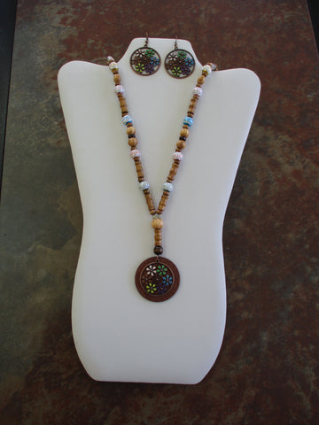 Wooden Beads Silver Colored Beads Hemp Cord Mulit Color Round Flowers Pendant Necklace Earrings Set (NE518)