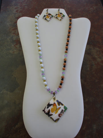 White Brown Black Gold Purple Green Glass Beads Butterflies Painted on Shell Pendant Earrings Set (NE520)