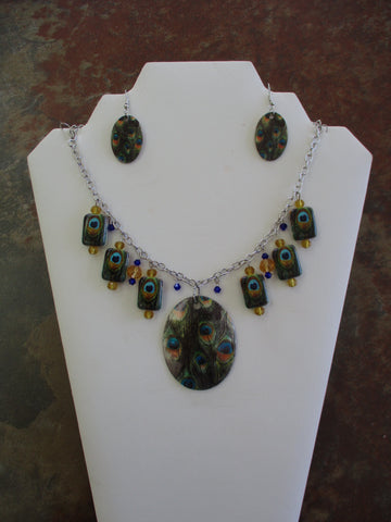 Silver Chain Dark Blue Gold Glass Beads Peacock Glass Beads Peacock Painted on Shells Pendant Necklace Earrings Set (NE521)